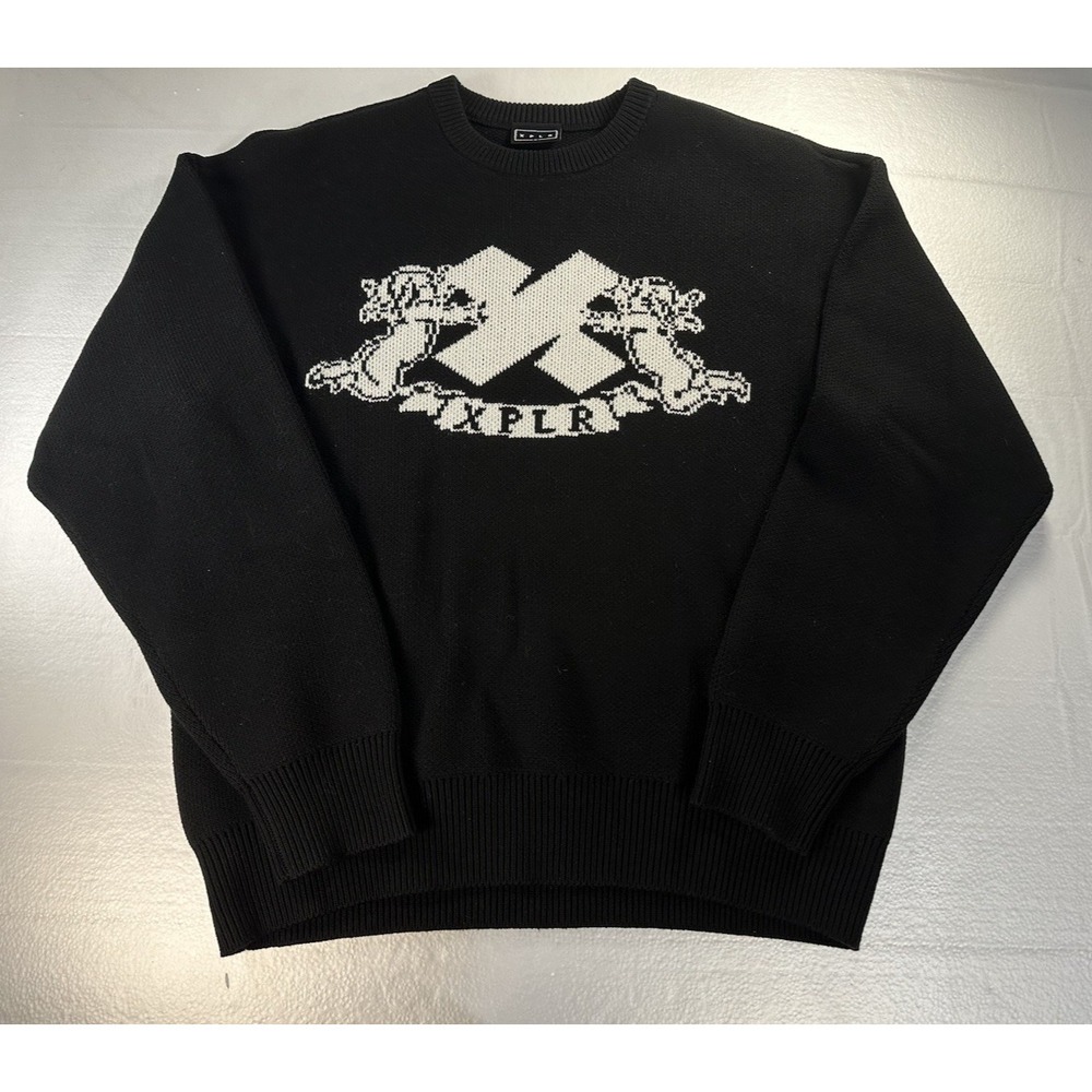 XPLR Mens Knit Cherub Sweater Medium Black White Heavy Pullover
